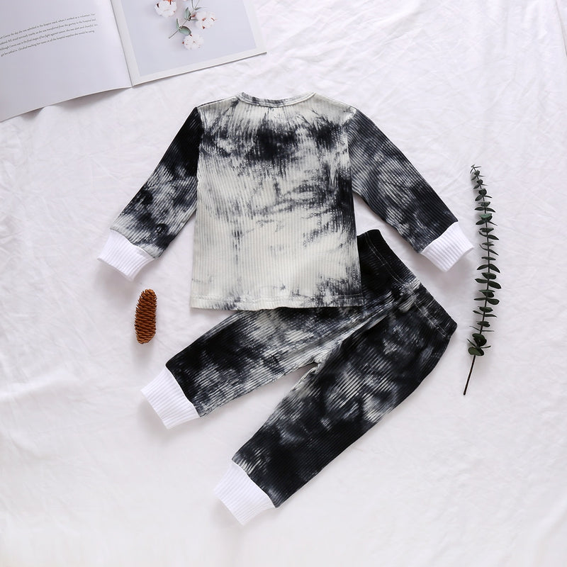 Baby Boy Tie Dye Long Sleeve Black Grey and White Long Sleeve Top and Pants Set