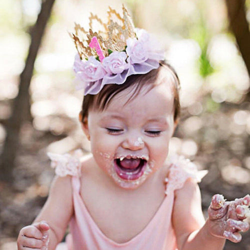 Baby Girl First Birthday Crown Headband Number One Flower Gold Pink White