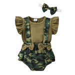 Baby Girl Camouflage Suspender Bloomers with Ruffle Sleeve Olive Green Romper and Matching Head Band Bow