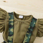 Baby Girl Camouflage Suspender Bloomers with Ruffle Sleeve Olive Green Romper and Matching Head Band Bow