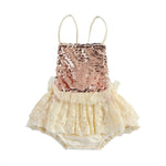 Baby Girl Rose Gold Sequin and Beige Lace Romper Shabby Chic Rustic Outfit