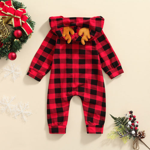 Baby Boy Red and Black Buffalo Plaid Reindeer Hoodie Christmas Holiday Romper Outfit Check Print