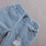 Baby Girl Distressed Denim Jeans with White Lace Detail and Long Sleeve Lace Romper