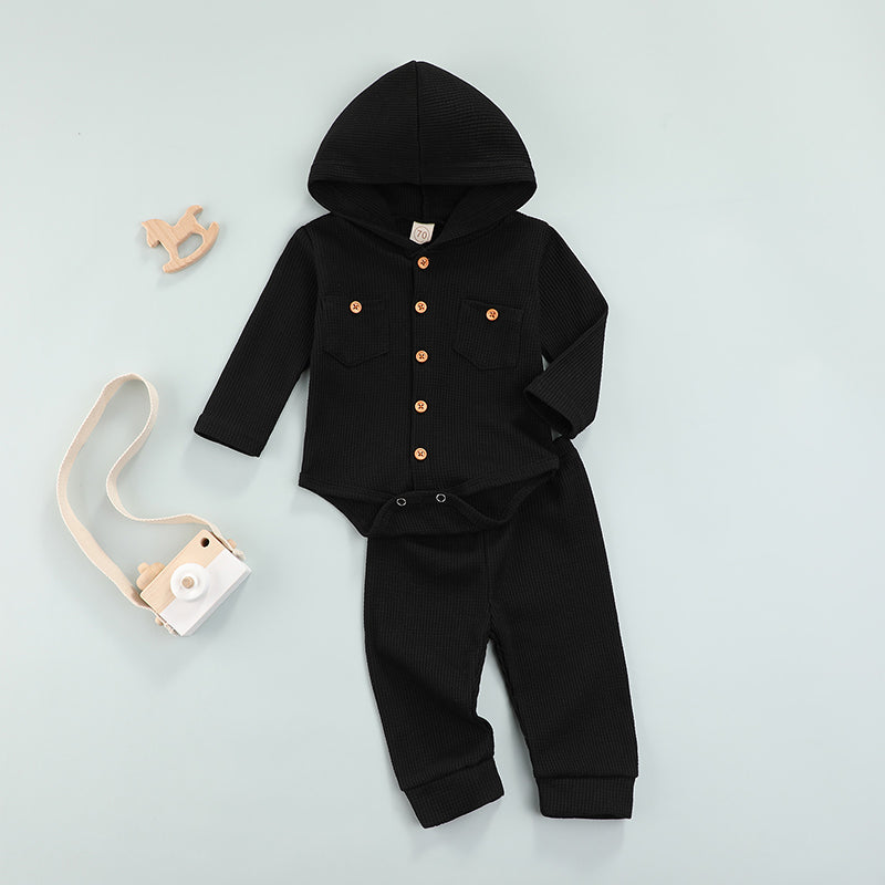 Baby Boy Thermal Hoodie Romper with Pants in Black and Wood Style Buttons Long Sleeve