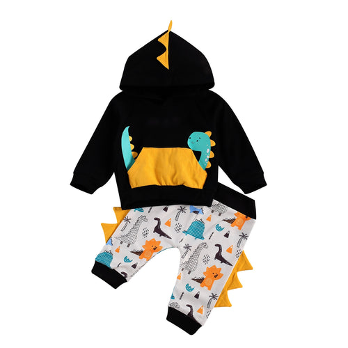 Baby Boy Dinosaur Hoodie with Matching Dinosaur Pants with Dino Spikes Black Yellow Teal