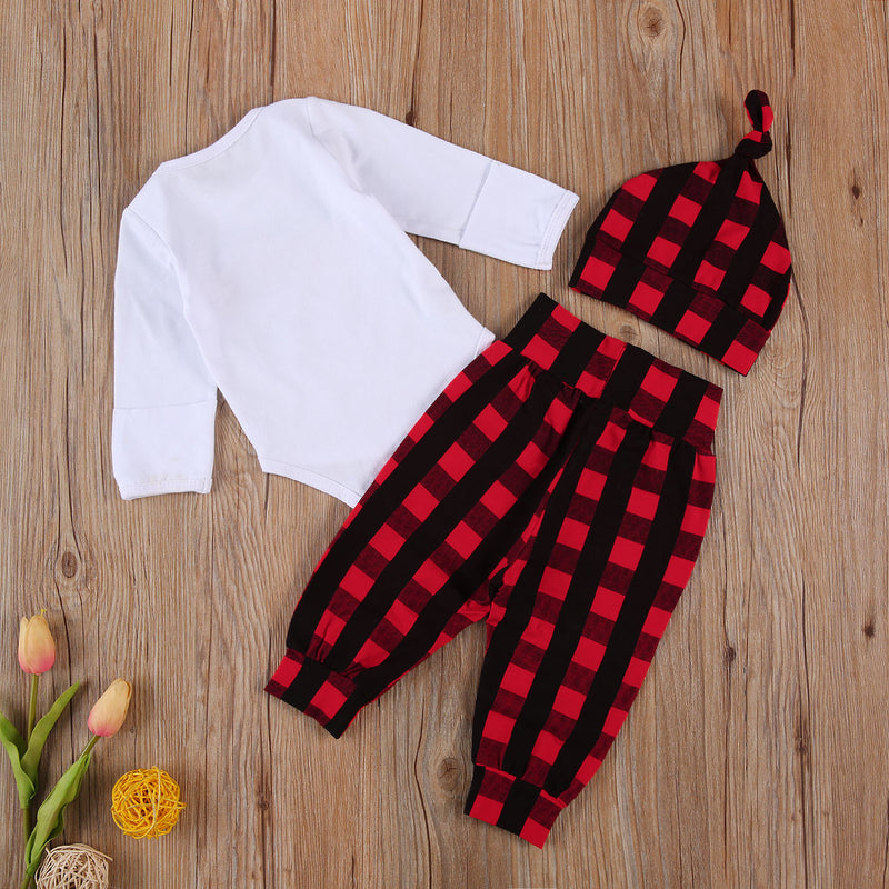Baby Boy My First Christmas Outfit Buffalo Plaid Christmas Tree Truck Onesie Pants and Hat