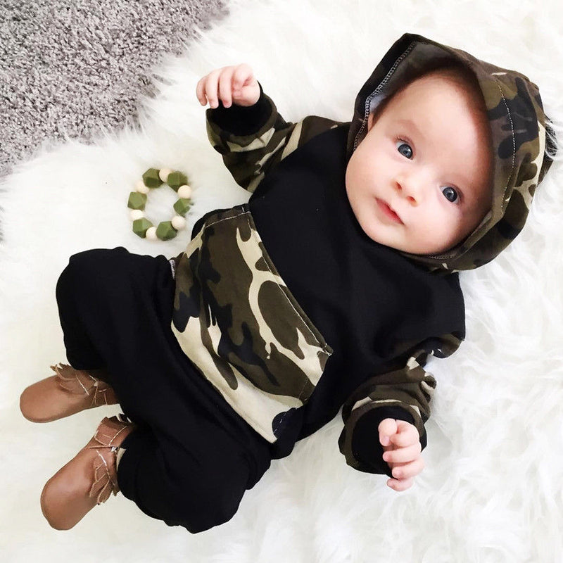 Baby Boy Camo Hoodie Sweatshirt and Pants Set Camouflage Outfit Black Green White