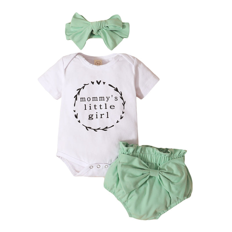 Newborn Baby Girl Outfit Mommy's Little Girl Printed Onesie Mint Bloomers and Headwrap Bow