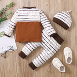 Baby Boy Clothes Long Sleeve Brown and White Striped Shirt Legging Pants and Hat Gift Set