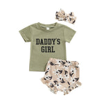 Daddy's Girl Outfit Olive Shirt Flower Ruffle Bloomer Shorts with Matching Headwrap Spring Summer Outfit