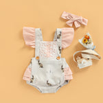 Baby Girl Vintage Bunny Outfit with Lace Romper Ruffles Rabbit Print Pink Spring Clothes Rabbit