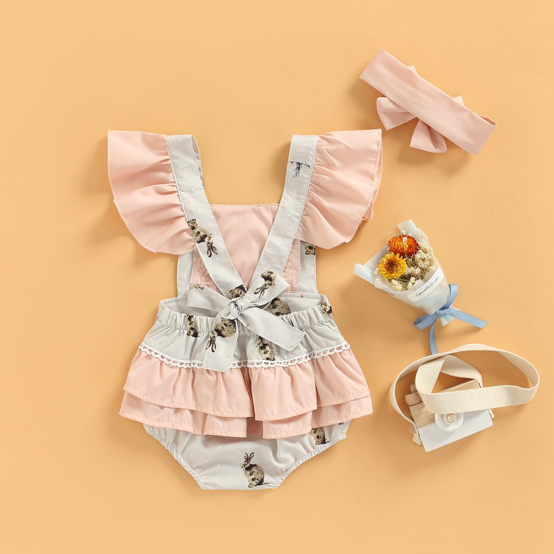 Baby Girl Vintage Bunny Outfit with Lace Romper Ruffles Rabbit Print Pink Spring Clothes Rabbit