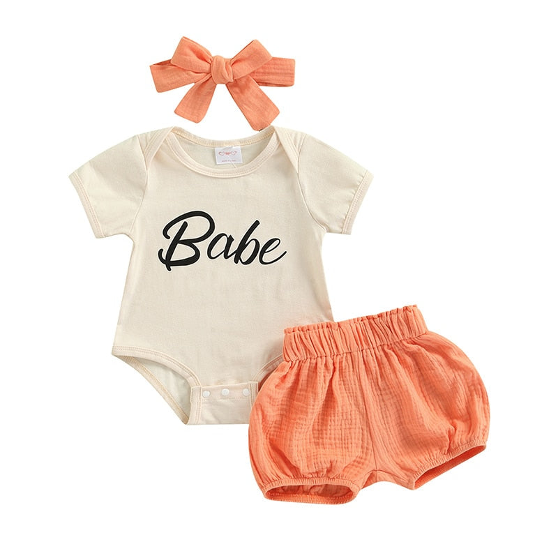 Babe Baby Girl Outfit Peach and White Linen Bloomer Shorts 3 Piece Set Spring Summer Clothes