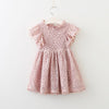Toddler Girl Lace Dress with Flutter Sleeves and Pom Pom Trim