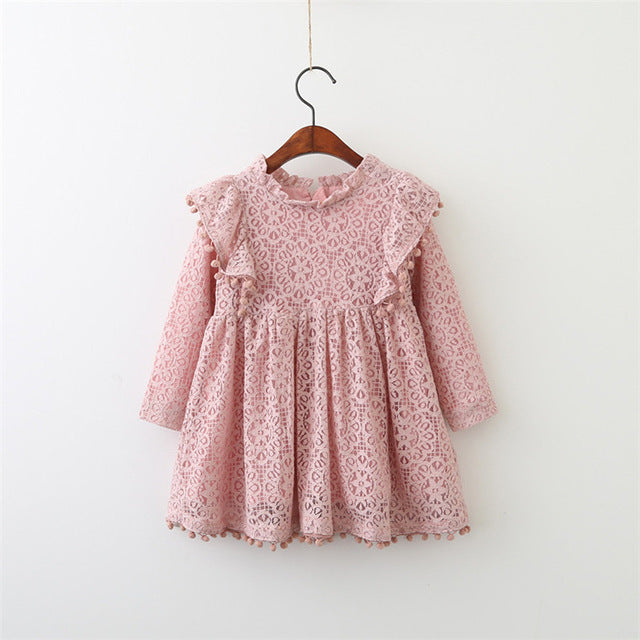 Baby Girl Long Sleeve Lace Pom Pom Dress 3 Colors
