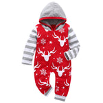 Long Sleeve Hooded Baby Romper with Reindeers and Gray Stripes