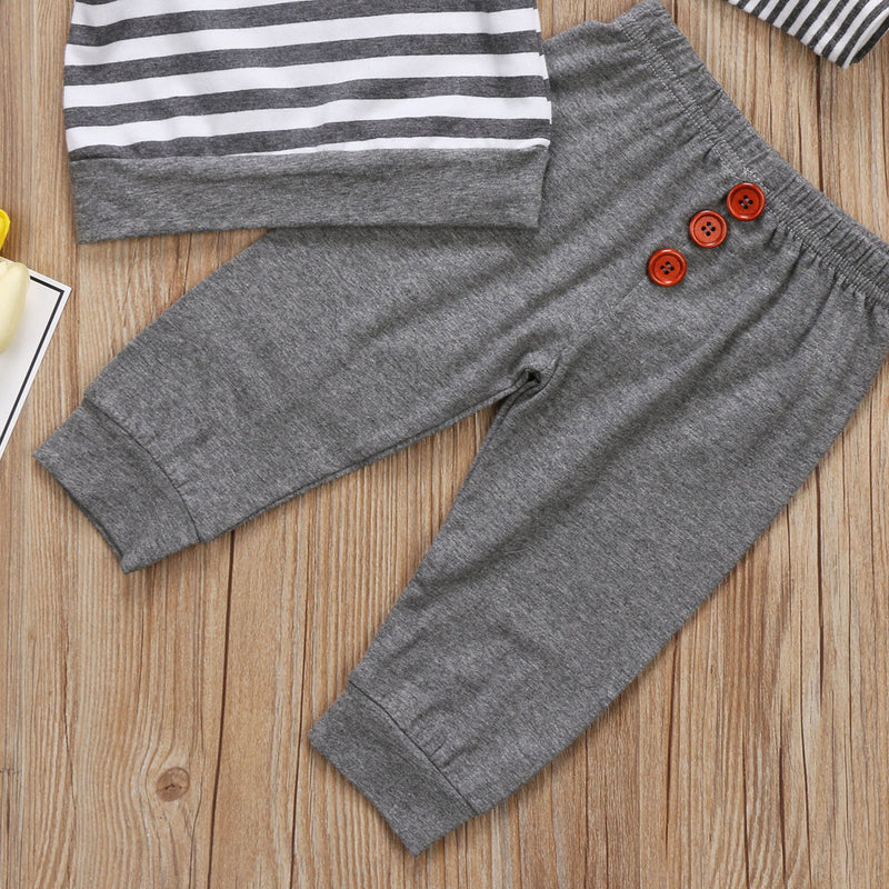 Baby Boy Gray and White Stripe Set with Wood Buttons Long Sleeve