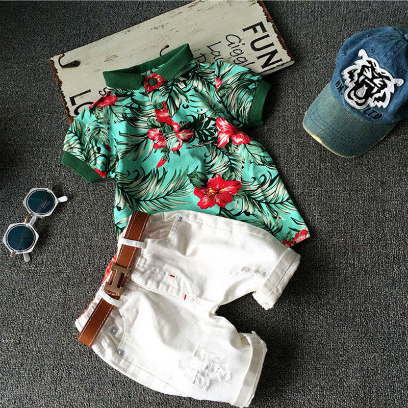 2pcs Toddler Kids Baby Boy Fashion Sets Flower Polo Shirt + White Short Pants Outfits Cotton Summer Clothing Set