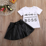 Mini Boss Girls Summer Short Sleeve T-shirt Tops + Leather Skirt Outfit Child Clothing Suit Toddler Girls Clothes Set