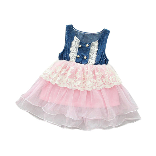 Child Kids Girls Casual Lace Dress Denim Splice Layered Tulle Vest Party Dress Pageant Cowgirl Barn Party