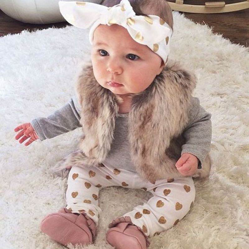 Baby Girl Outfit Winter Fall Leggings Headband Gold Hearts Pants