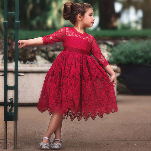 Girls Christmas Flower Lace Embroidery Dress Kids Dresses Red Burgundy White
