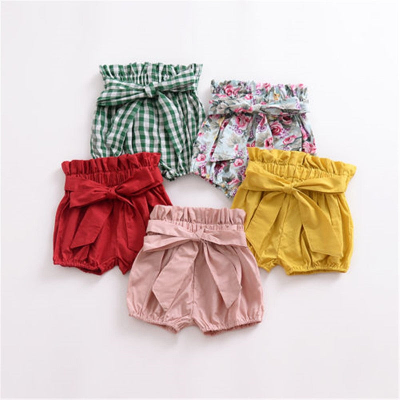 Cute Toddler Baby Girls Clothes Cotton Shorts with Bow  Bloomers Lace-up Bow Floral Plaid Mustard Pink Burgundy Newborn-5T