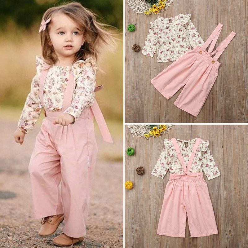 Girls Fall Jumpsuit with Floral Ruffle Top Overalls Pink