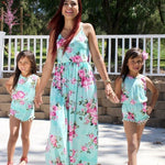 Mother Daughter Kids Maxi Dresses for Girls Romper Floral Mint Family Matching Clothes Set Outfits Summer Mommy and Me Beach Dress