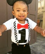 Race Car Birthday Shirt - Racecar First Birthay Bow Tie and Suspender Outfit - Racecar Checker Suspenders - Racecar Theme Birthday Party