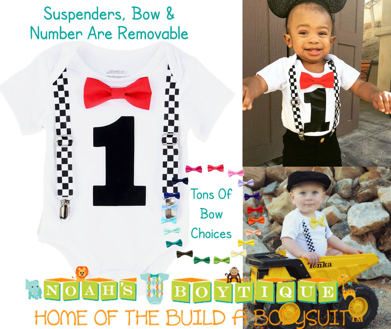 Black and White Check Noah's Boytique Bodysuit Suspenders - Snap On - Suspender Outfit - Baby - Newborn - Interchangeable - Racecar
