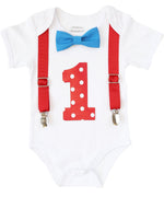 First Birthday Blue and Red Outfit Boy - Baby Boy - Polka Dots - Suspenders Bow - Number One - Birthday Theme - Outfit Ideas - 1st Birthday
