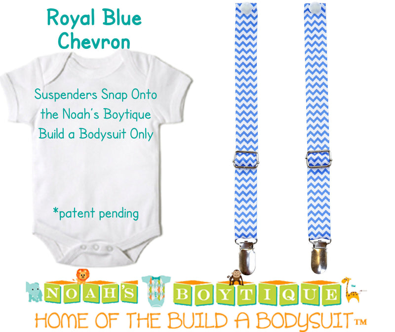 Royal Blue Chevron Noah's Boytique Bodysuit Suspenders - Snap On - Suspender Outfit - Baby Suspenders - Newborn Suspenders - Interchangeable - Noah's Boytique Suspenders - Baby Boy First Birthday Outfit