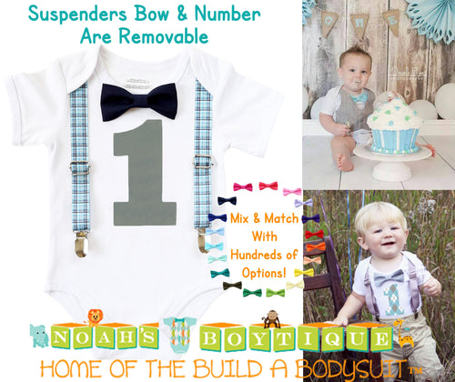 Navy & Shades of Blue Plaid Noah's Boytique Bodysuit Suspenders - Snap on Suspenders - Suspender Outfit - Baby Suspenders - Navy - Aqua