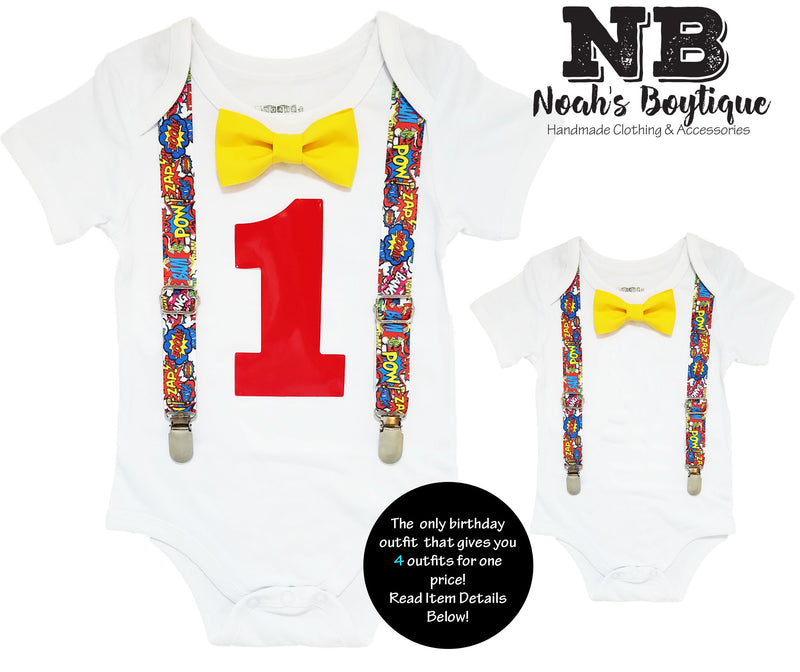 Superhero Birthday Shirt - First Birthday - Second Birthday - Comic Book - Superhero First Birthday - Bow Tie and Suspenders Themes for Boys
