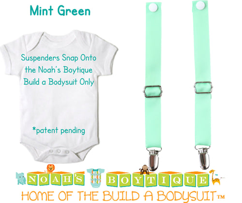 Mint Green Noah's Boytique Bodysuit Suspenders - Snap On - Suspender Outfit - Baby Suspenders - Newborn Suspenders - Interchangeable