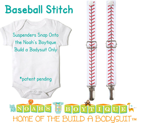 Baseball Stitch Noah's Boytique Bodysuit Suspenders - Snap on Suspenders - Suspender Outfit - Baby Suspenders - Baseball Party - Baseball - Noah's Boytique Suspenders - Baby Boy First Birthday Outfit