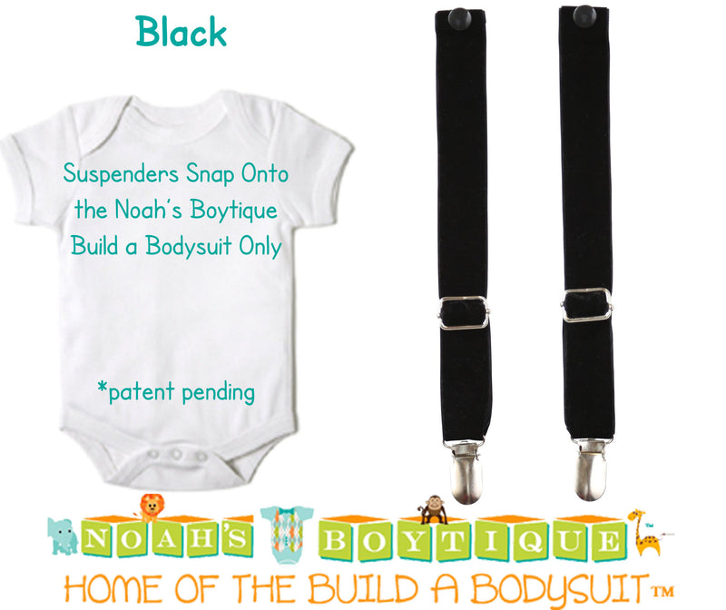 Black Noah's Boytique Bodysuit Suspenders - Snap On - Suspender Outfit - Baby Suspenders - Newborn Suspenders - Interchangeable - Noah's Boytique Suspenders - Baby Boy First Birthday Outfit
