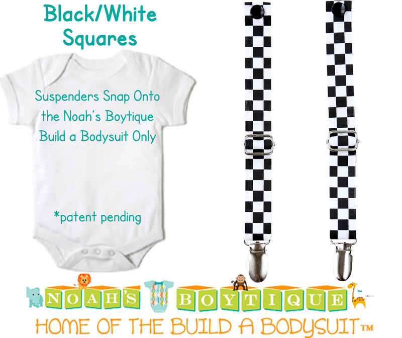 Black and White Check Noah's Boytique Bodysuit Suspenders - Snap On - Suspender Outfit - Baby - Newborn - Interchangeable - Racecar - Noah's Boytique Suspenders - Baby Boy First Birthday Outfit