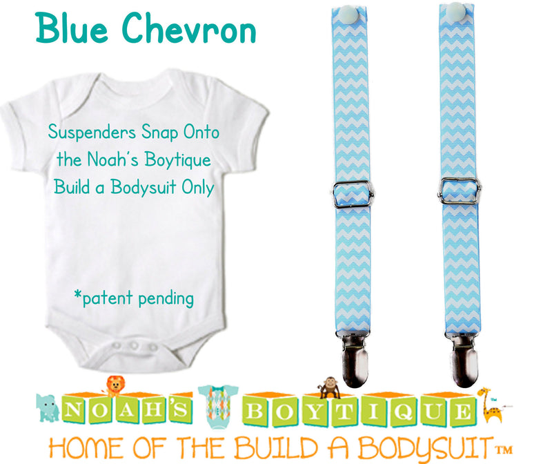 Blue Chevron Noah's Boytique Bodysuit Suspenders - Snap on Suspenders - Suspender Outfit - Baby Suspenders - Newborn Suspender - Noah's Boytique Suspenders - Baby Boy First Birthday Outfit