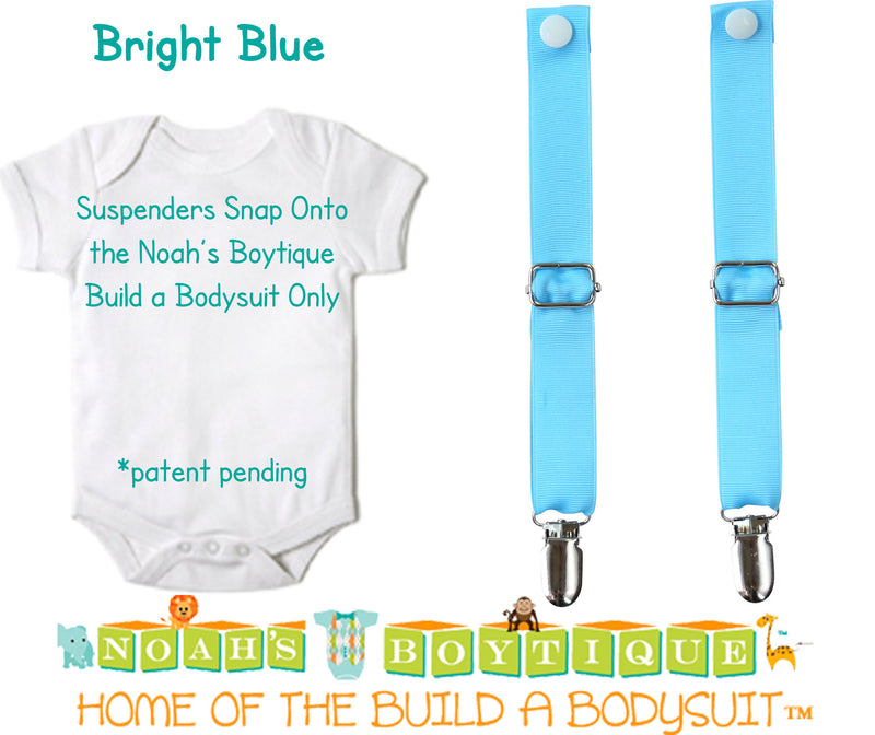 Bright Blue Noah's Boytique Bodysuit Suspenders - Snap On - Suspender Outfit - Baby Suspenders - Newborn Suspenders - Interchangeable