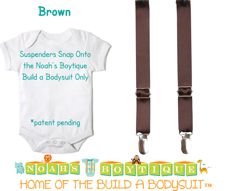 Brown Noah's Boytique Bodysuit Suspenders - Snap On - Suspender Outfit - Baby Suspenders - Newborn Suspenders - Interchangeable 