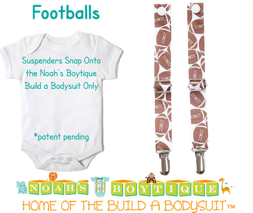 Football Noah's Boytique Bodysuit Suspenders - Snap on Suspenders - Suspender Outfit - Baby Suspenders - Football - Football Party - Shirt