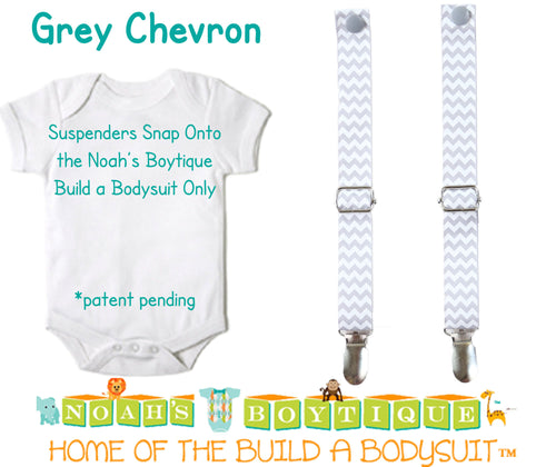 Grey Chevron Noah's Boytique Bodysuit Suspenders - Snap on Suspenders - Suspender Outfit - Baby Suspenders - Newborn Suspender - Gray - Noah's Boytique Suspenders - Baby Boy First Birthday Outfit