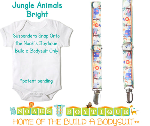 Jungle Animals Bright Noah's Boytique Bodysuit Suspenders - Snap On - Suspender Outfit - Baby Suspenders - Newborn - Interchangeable - Noah's Boytique Suspenders - Baby Boy First Birthday Outfit