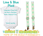 Lime and Blue Plaid Noah's Boytique Bodysuit Suspenders - Snap on Suspenders - Suspender Outfit - Baby Suspenders -Aqua - Noah's Boytique Suspenders - Baby Boy First Birthday Outfit