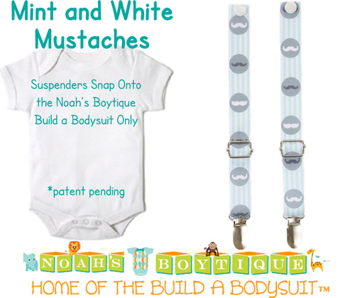 Mint and White Striped Mustache Noah's Boytique Bodysuit Suspenders - Snap on Suspenders - Suspender Outfit - Baby Suspenders - Grey - Gray