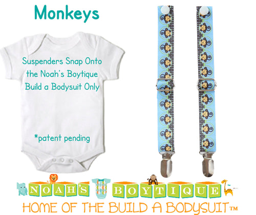 Monkey Noah's Boytique Bodysuit Suspenders - Snap on Suspenders - Suspender Outfit - Baby Suspenders - Monkeys - Jungle - Monkey Party