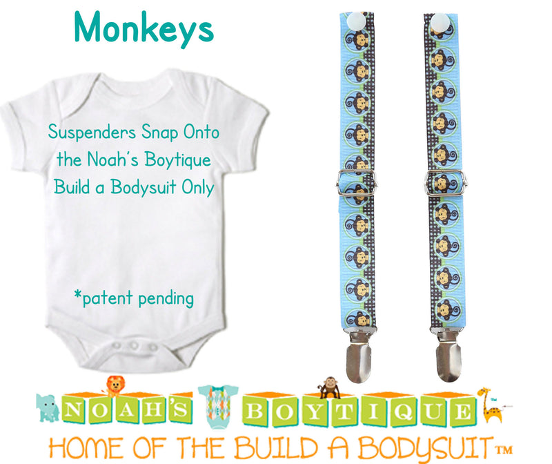 Monkey Noah's Boytique Bodysuit Suspenders - Snap on Suspenders - Suspender Outfit - Baby Suspenders - Monkeys - Jungle - Monkey Party