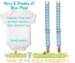 Navy & Shades of Blue Plaid Noah's Boytique Bodysuit Suspenders - Snap on Suspenders - Suspender Outfit - Baby Suspenders - Navy - Aqua - Noah's Boytique Suspenders - Baby Boy First Birthday Outfit